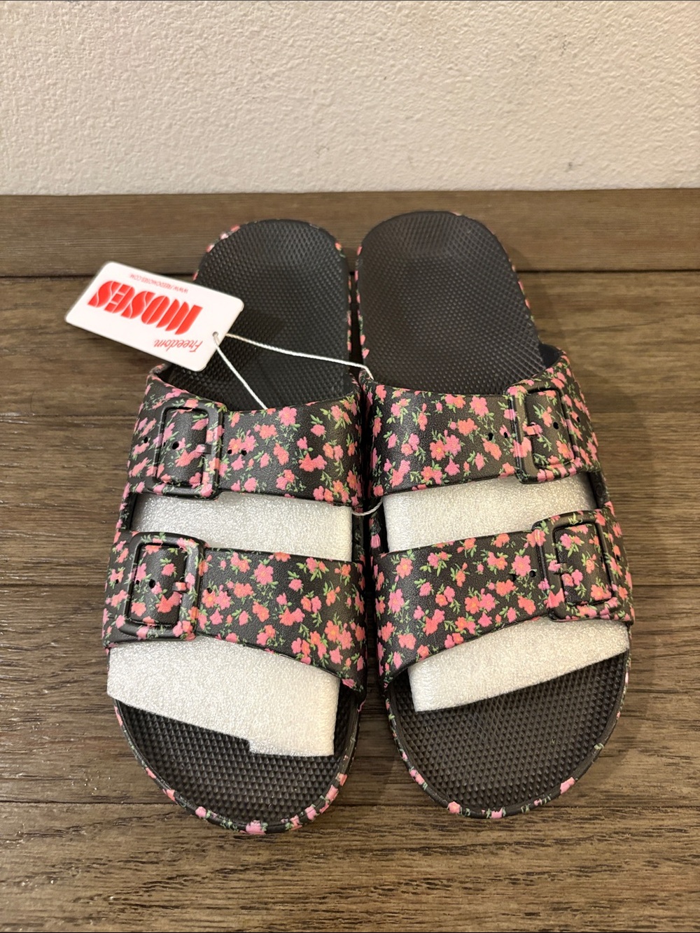 NWT [Freedom Moses] Duel Band Floral Slides Sandals Black/Pink Women’s 11-12 - Picture 7 of 11